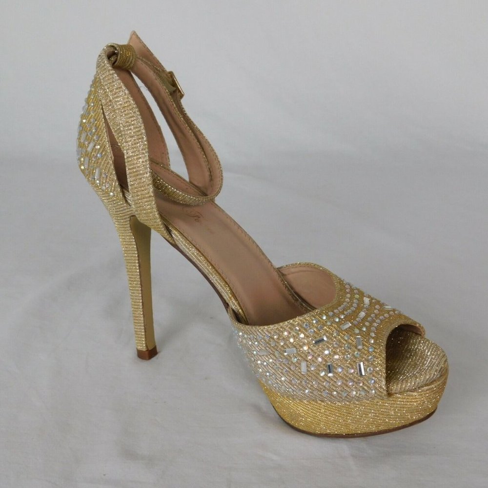 Fashion Focus Women Size 10 Gold Colored Rhinestone Peep Toe 5" Heel 1.5" Platfo - Picture 3 of 12